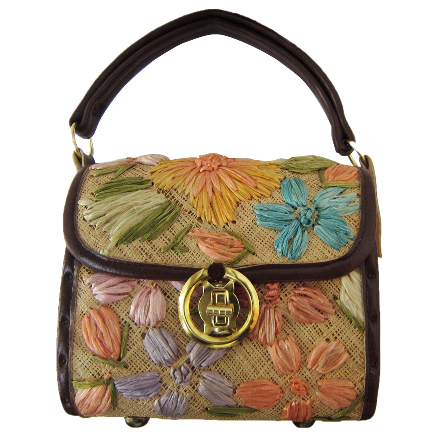Vintage Raffia Woven Straw Floral Wooden Box Bag Purse Cabana 60s