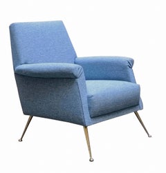 Refined Armchair in Light Blue Fabric and Brass Feet,  Italy 1960s