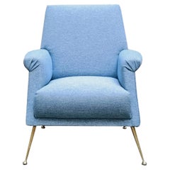 Refined Armchair in Light Blue Fabric and Brass Feet,  Italy 1960s