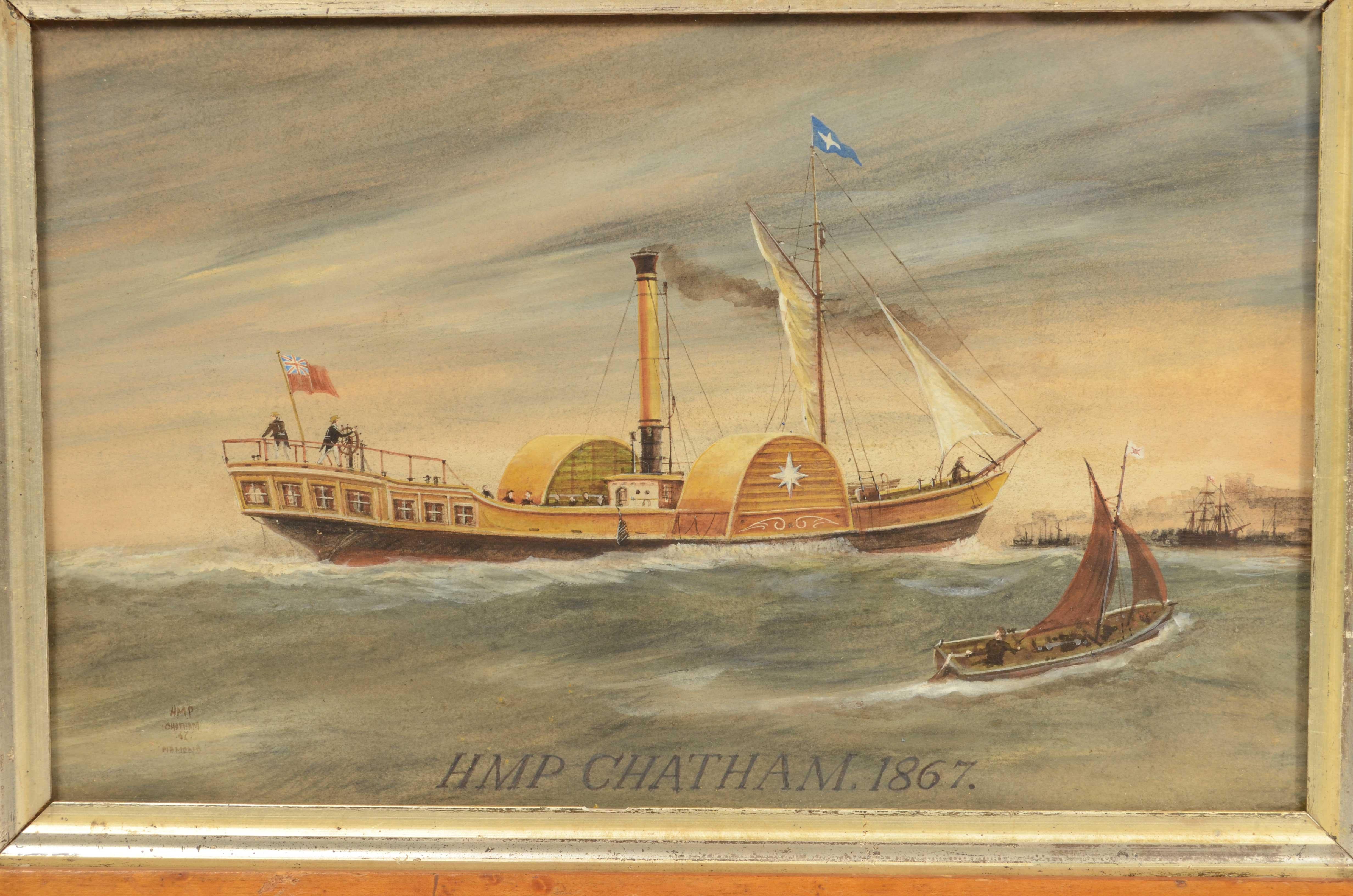 Raffinato acquerello raffigurante il piroscafo a pale Diamond HMP Chatham del 1867.
Si tratta di  un acquerello di ottima fattura e molto ben dettagliato, del  piroscafo a pale Diamond, battente bandiera inglese e diretto al porto di Chatham situato