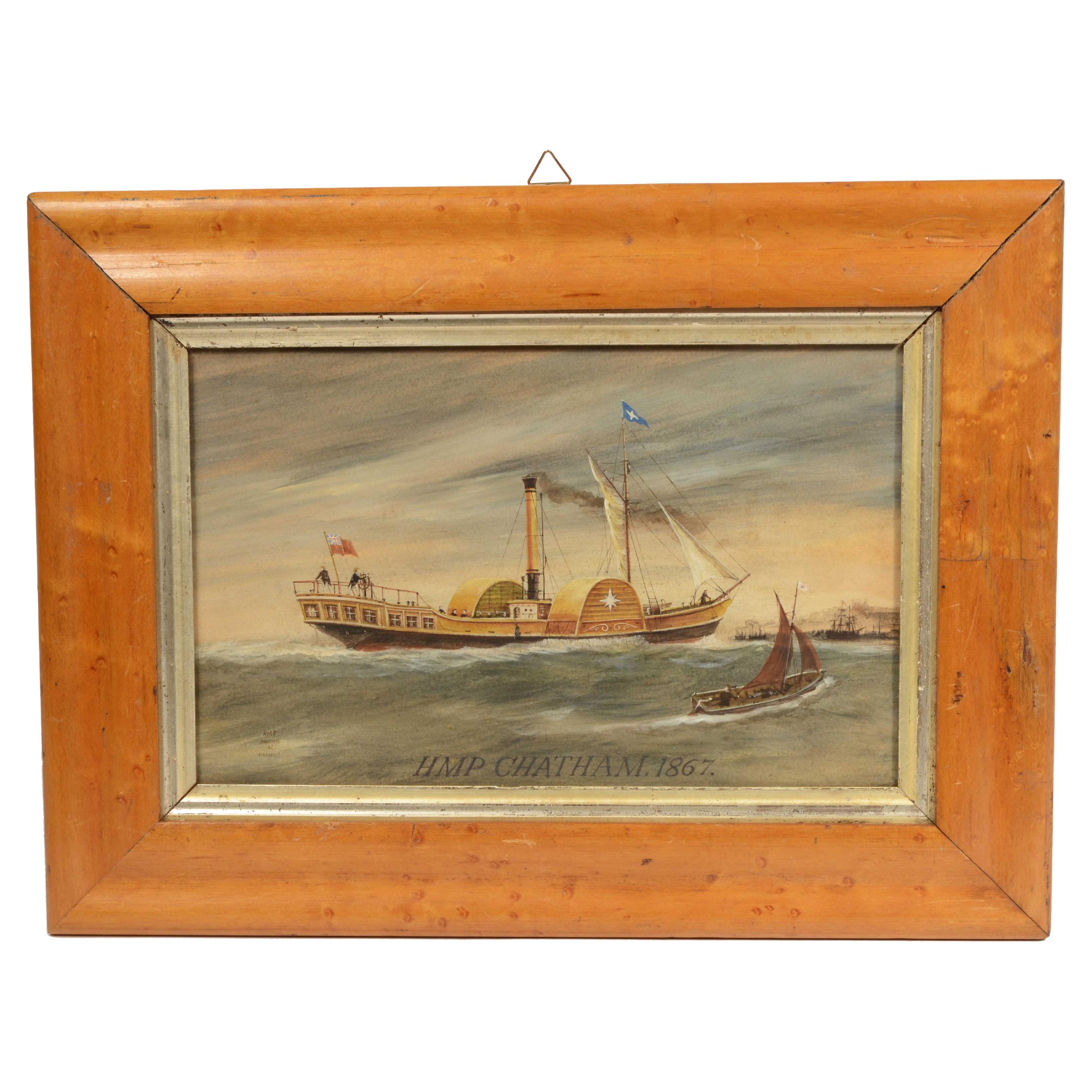 Raffinato acquerello raffigurante il piroscafo  Diamond HMP Chatham del 1867 en venta