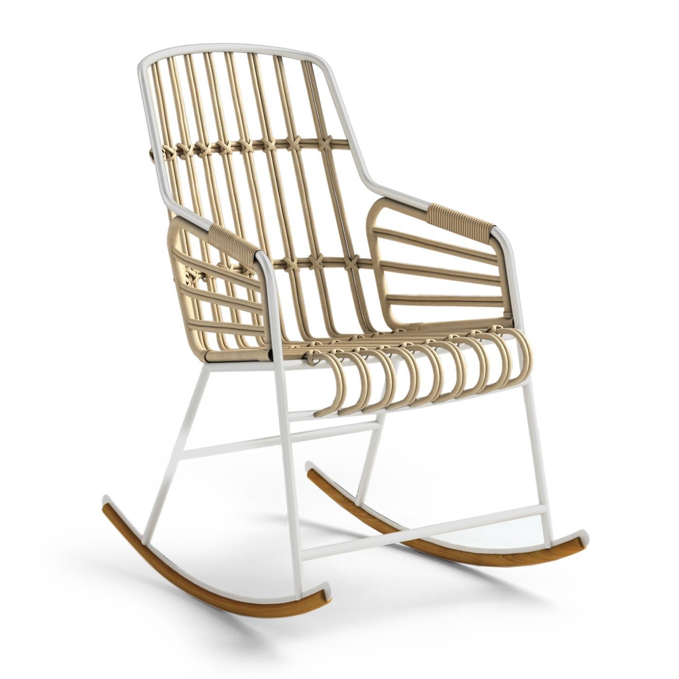 This rocking chair is part of the Raphia collection of chairs originally designed by LucidiPevere in 2013 characterized by a combination of artisan Craft and Industrial Production, natural materials, and metal. A superbly contemporary and elegant