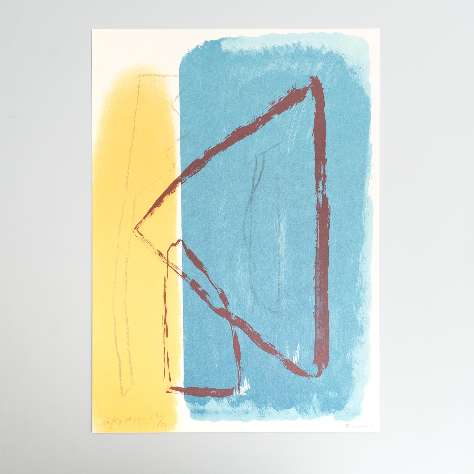 Rafols Casamada Blaue, gelbe, schwarze und weiße abstrakte Lithographie auf Papier, 1999

Limitierte Auflage, mit Bleistift nummeriert und im Stein signiert.
Gedruckt von Poligrafa Barcelona im Jahr 1999 für Galeria d'arte contemporaneo.

In gutem