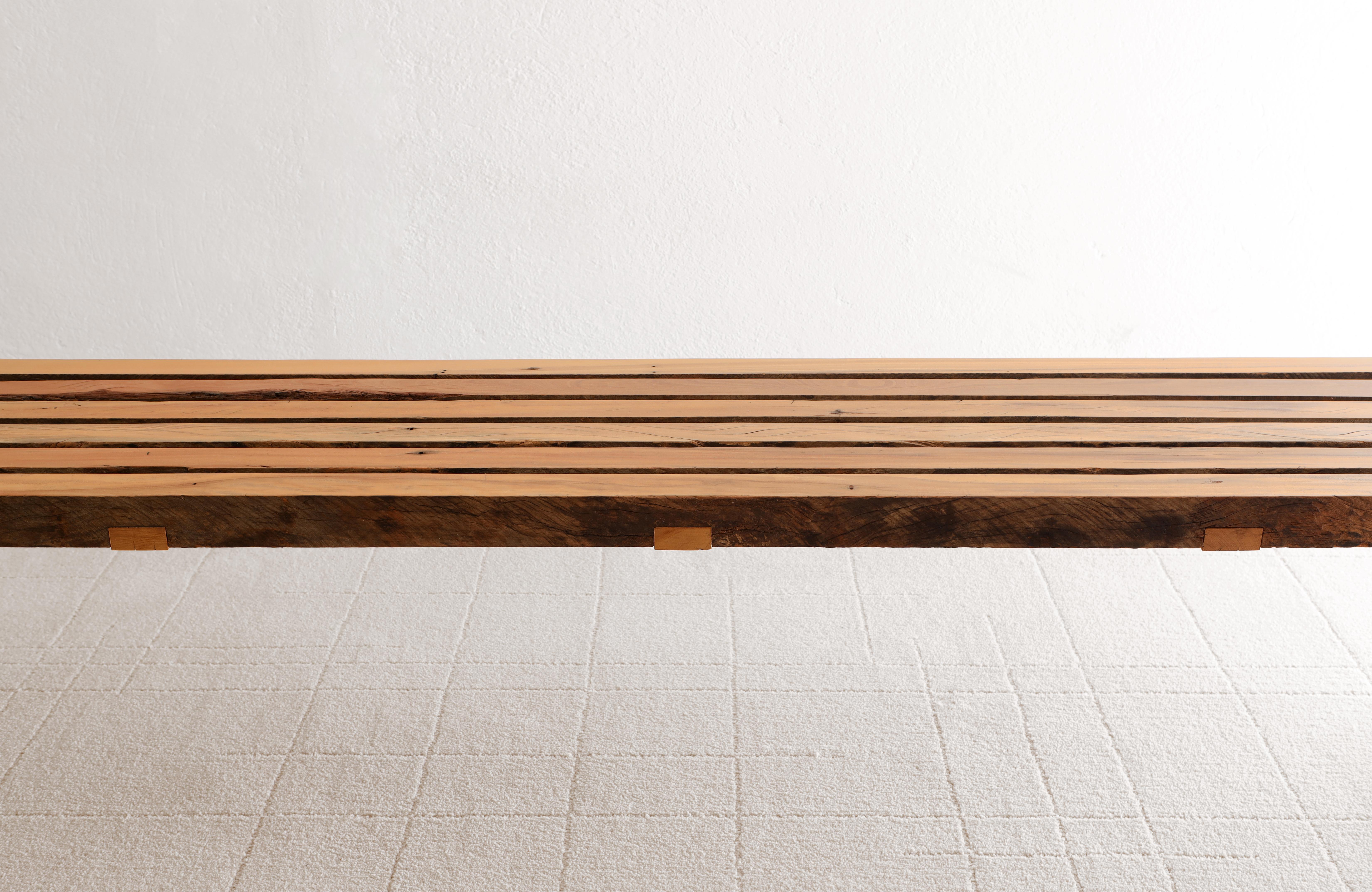 Hand-Crafted Contemporary Bench by Leo Strauss, Reclaimed Tropical Wood For Sale