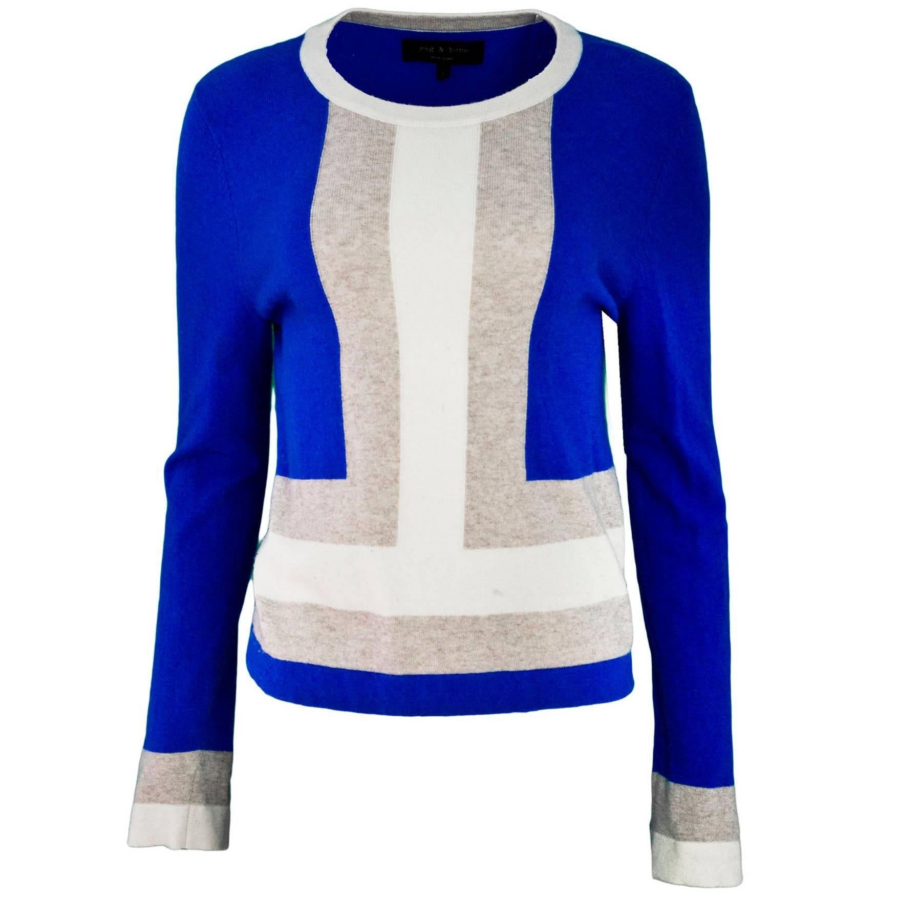 Rag & Bone Blue, Tan & Beige Wool Color-Block Sweater Sz L