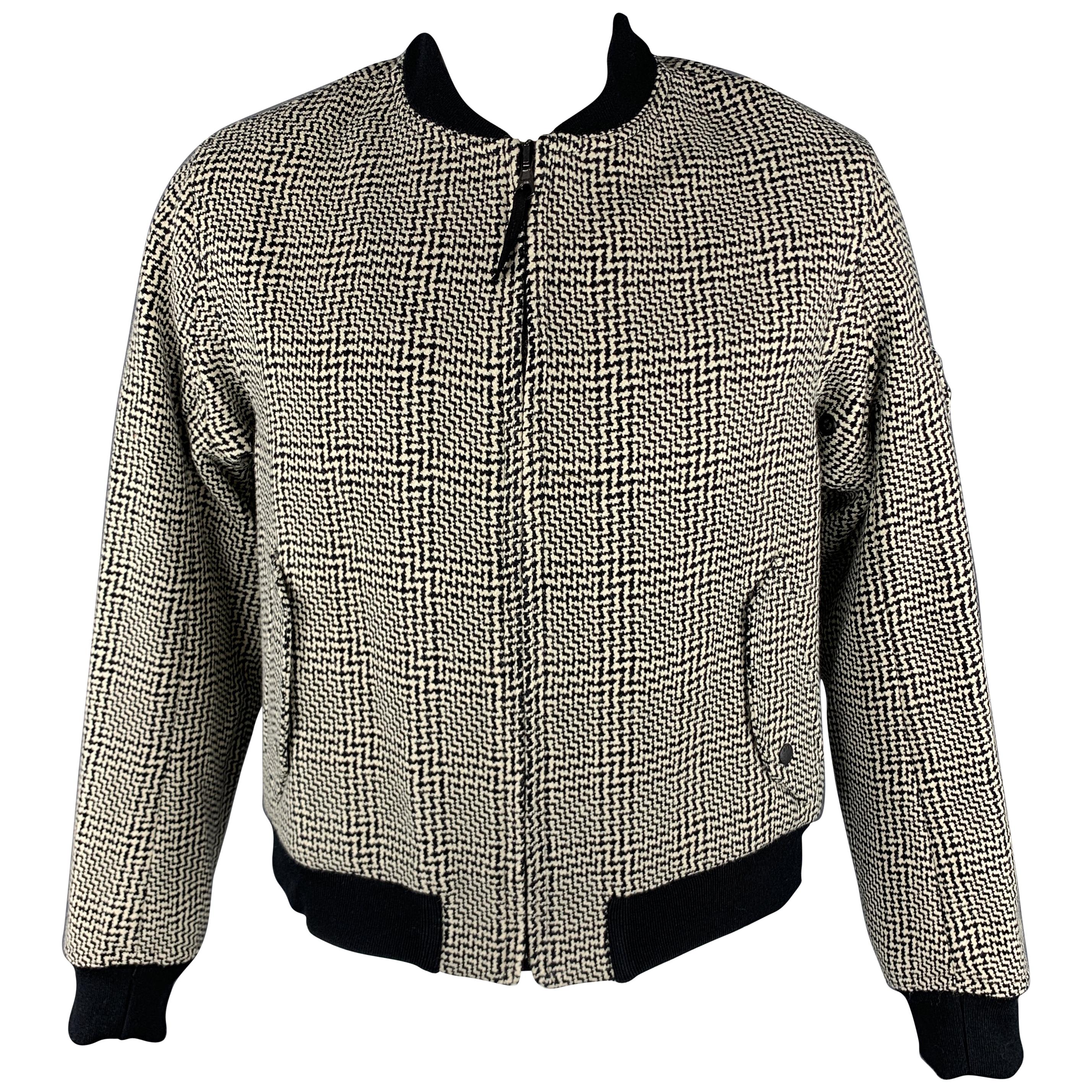 RAG & BONE 44 Black & White Woven Wool / Cotton Zip Up Jacket