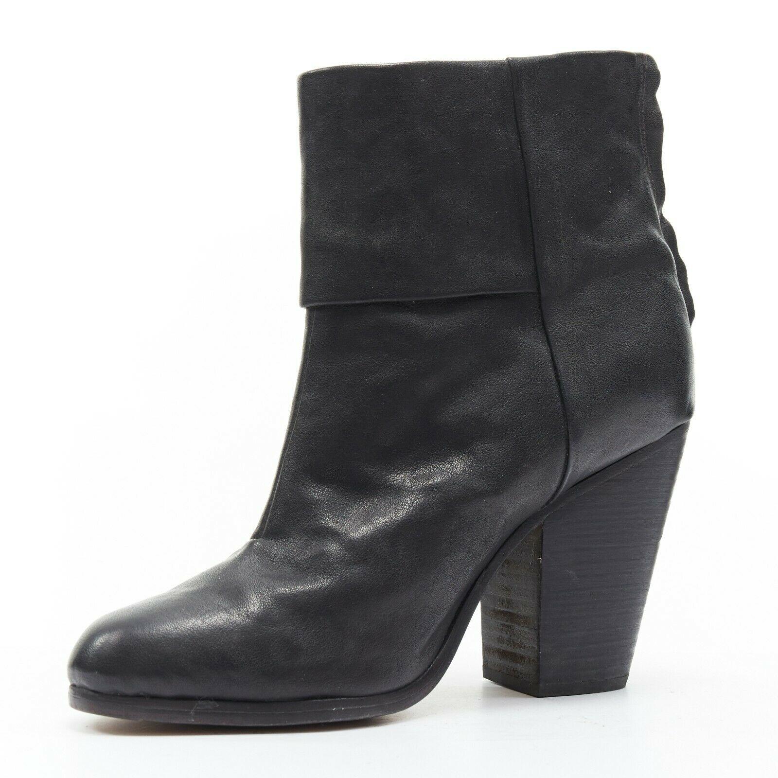 Black RAG BONE black leather round toe chunky stacked heel western ankle boot EU36
