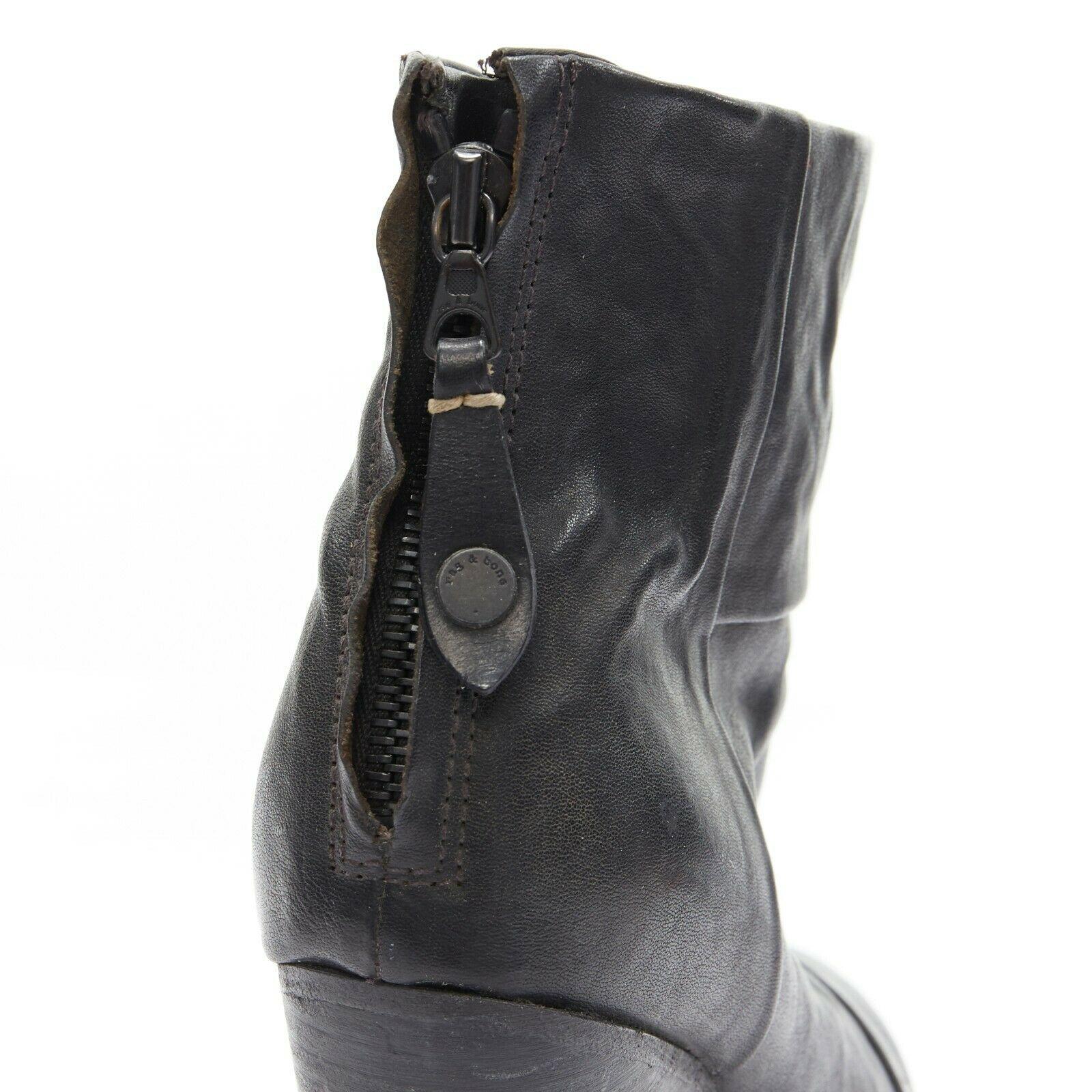 RAG BONE black leather round toe chunky stacked heel western ankle boot EU36 3
