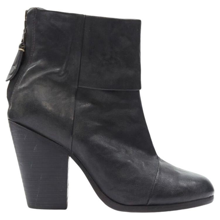 RAG BONE black leather round toe chunky stacked heel western ankle boot EU36