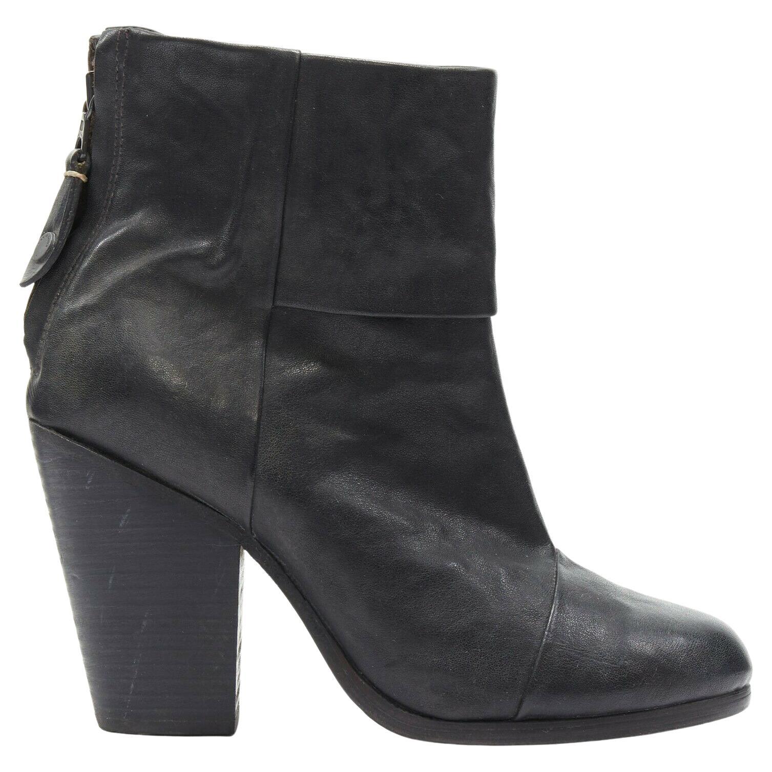 RAG BONE black leather round toe chunky stacked heel western ankle boot EU36 For Sale