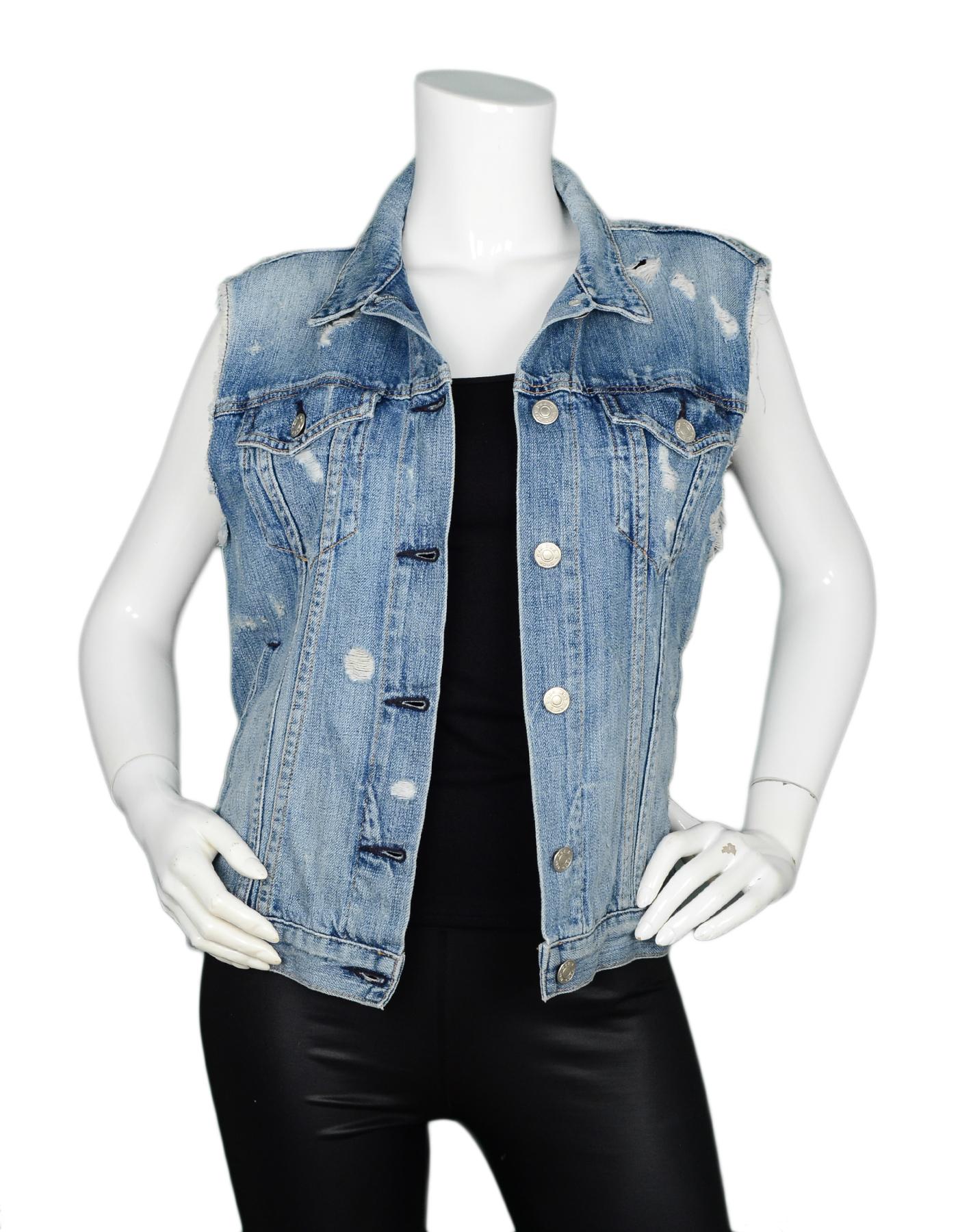 Rag & Bone Distressed Blue Denim Vest NWT Sz L

Made In: USA
Color: Blue
Materials: 100% cotton
Opening/Closure: Button front
Overall Condition: Excellent condition with original tags attached, distressing is intentional. 
Estimated Retail: $220 +