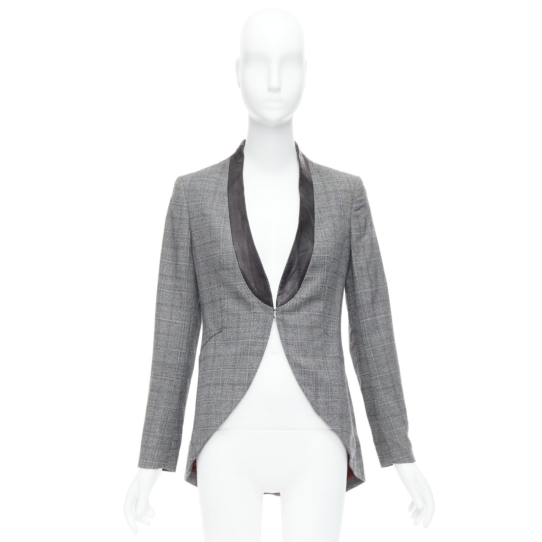 RAG & BONE blazer da smoking in lana grigia a scacchi, collo in pelle nera US2 S in vendita 5