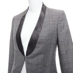 RAG & BONE grey checkered wool black leather collar tux blazer US2 S