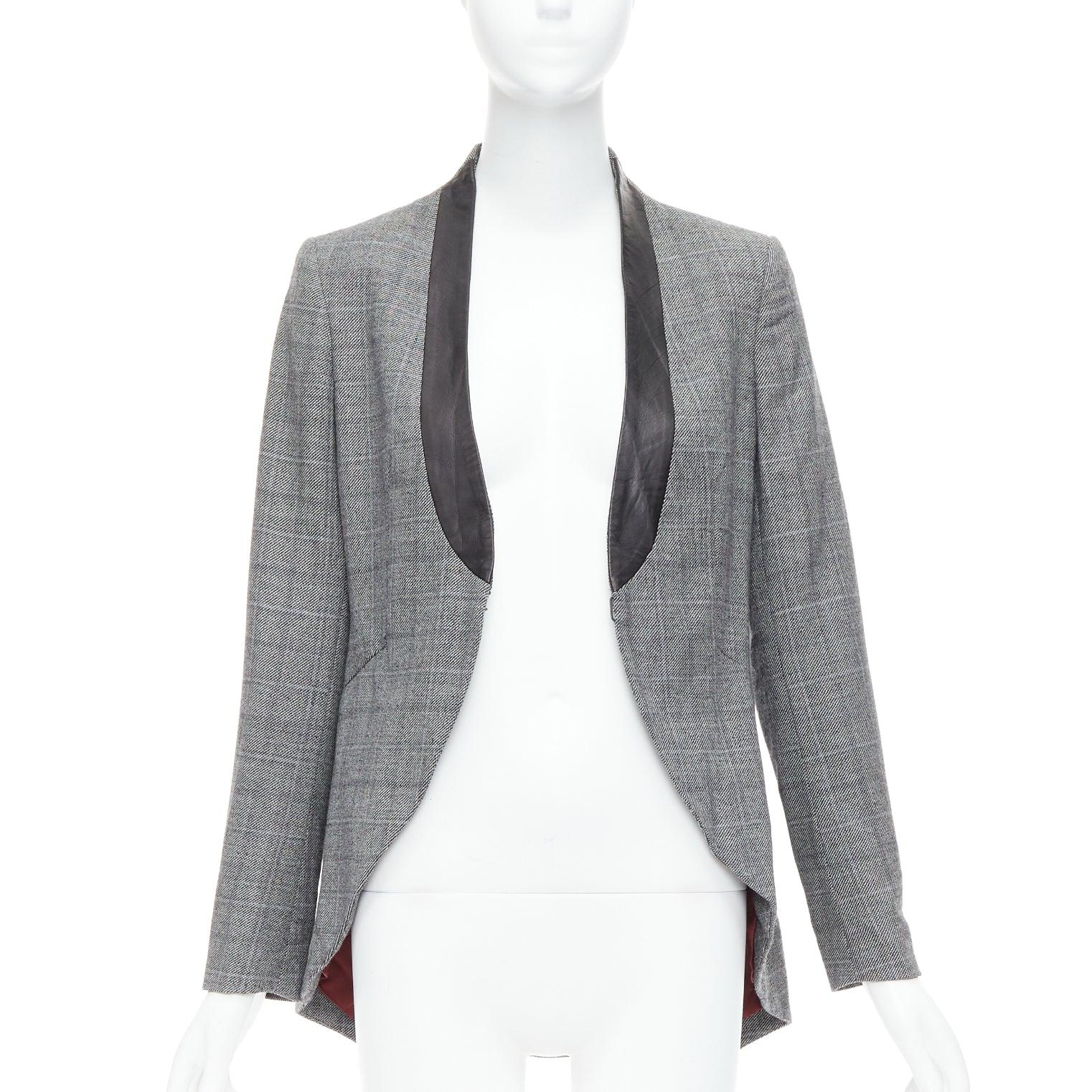 Nero RAG & BONE blazer da smoking in lana grigia a scacchi, collo in pelle nera US2 S in vendita