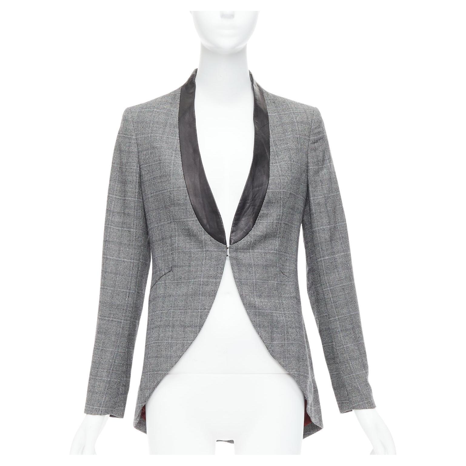 RAG & BONE blazer da smoking in lana grigia a scacchi, collo in pelle nera US2 S in vendita
