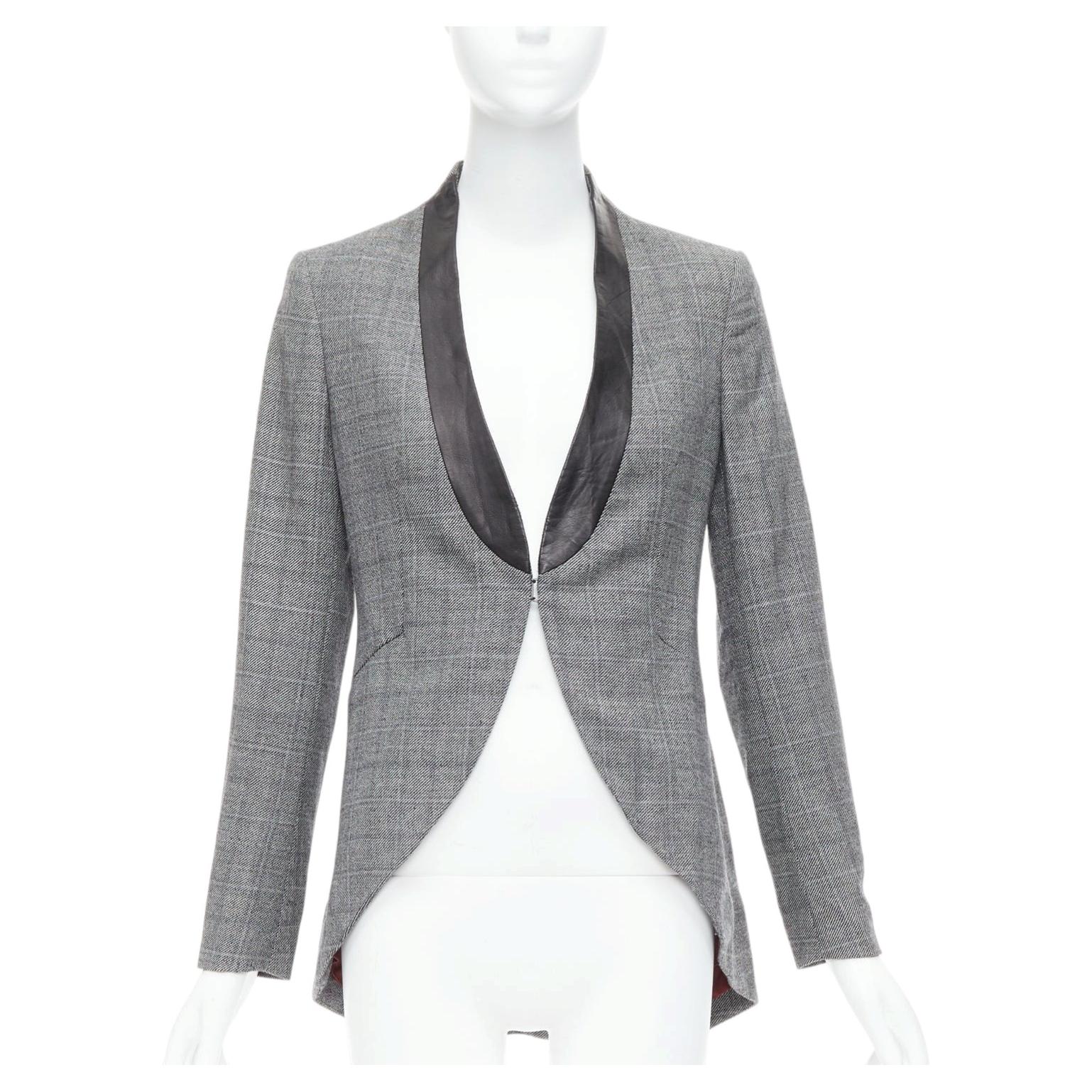 RAG & BONE grey checkered wool black leather collar tux blazer US2 S For Sale