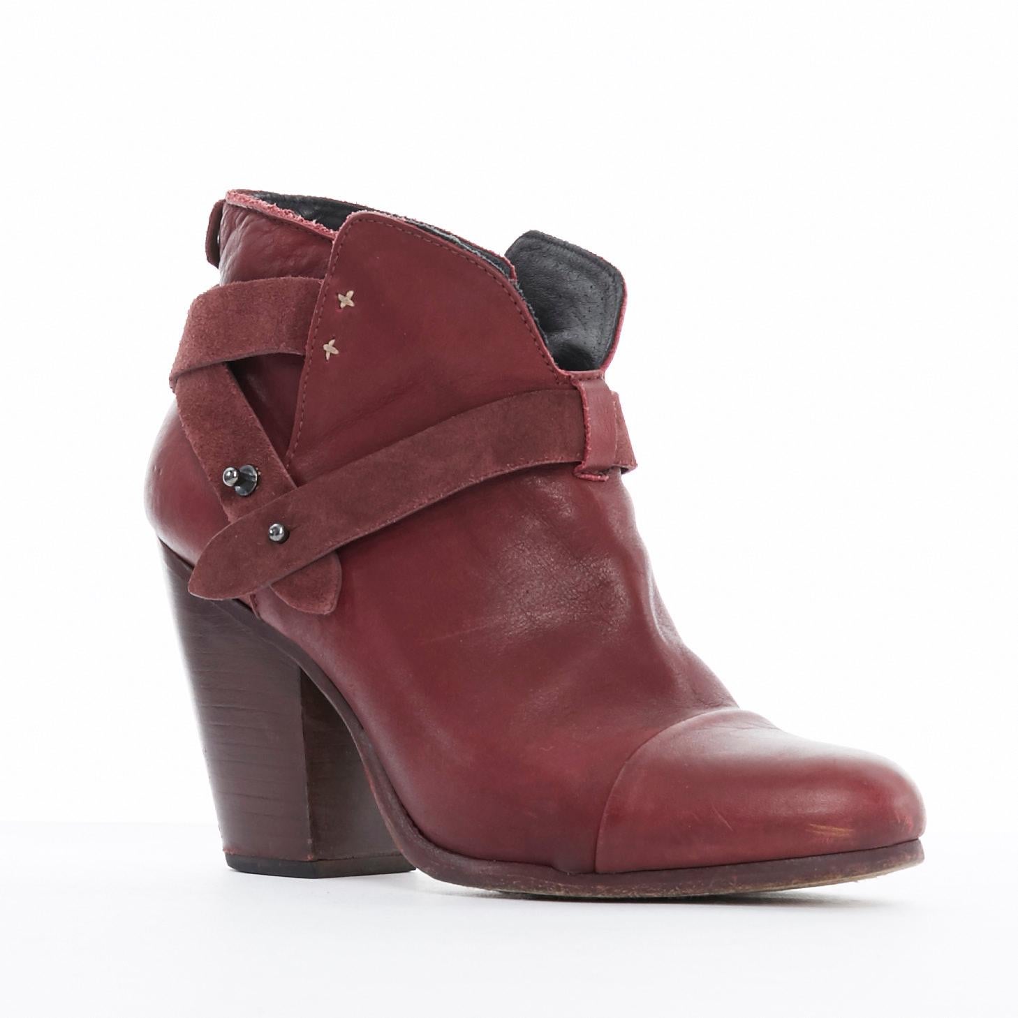 RAG BONE Harrow burgundy red leather stud harness block heel ankle boots EU38.5
Reference: TGAS/A01349
Brand: rag & bone
Material: Leather
Color: Burgundy
Pattern: Solid
Extra Details: Harrow boots. Burgundy leather upper. Rounded toe. Wrap around