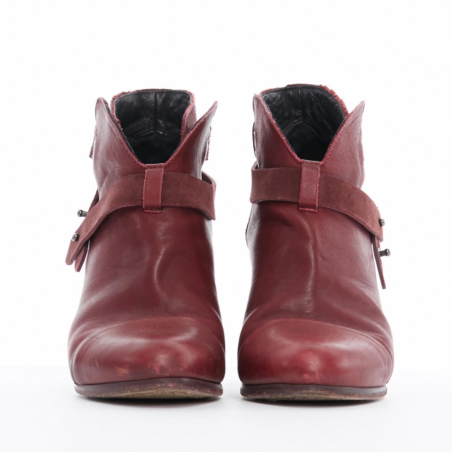 RAG BONE Harrow burgundy red leather stud harness block heel ankle boots EU38.5 In Good Condition In Hong Kong, NT