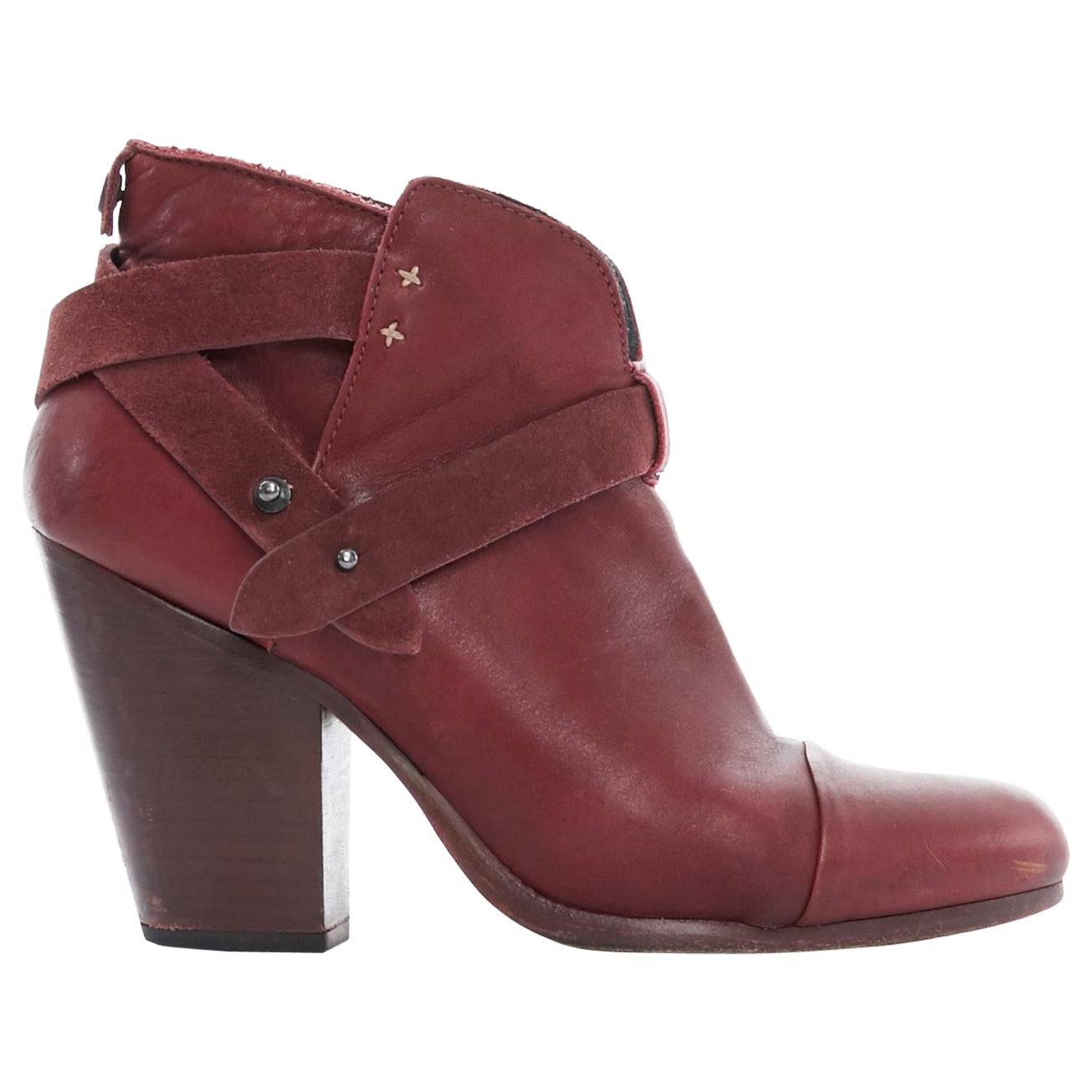 RAG BONE Harrow burgundy red leather stud harness block heel ankle boots EU38.5