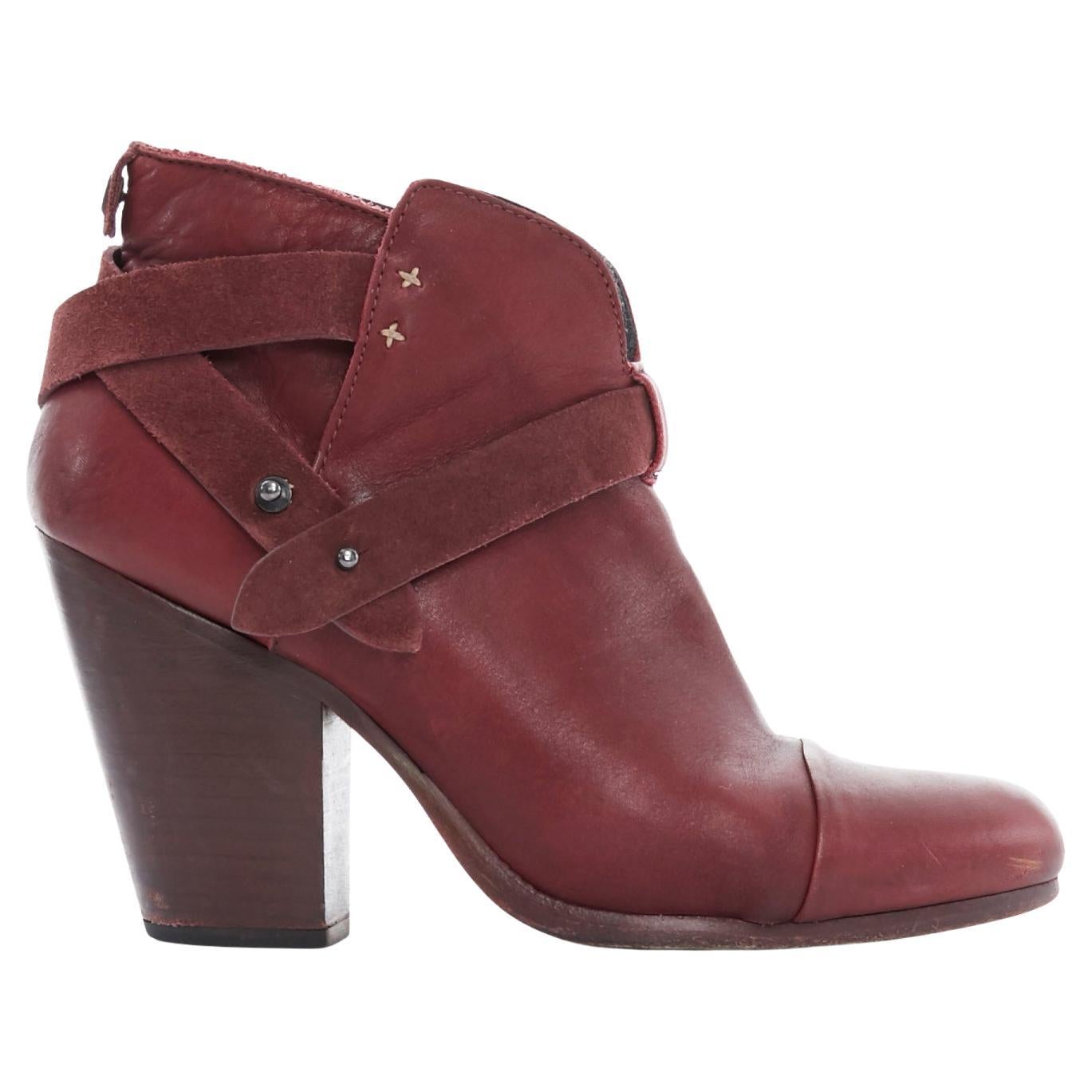 RAG BONE HAR burgundy red leather stud harness block heel ankle boots EU38.5 en vente
