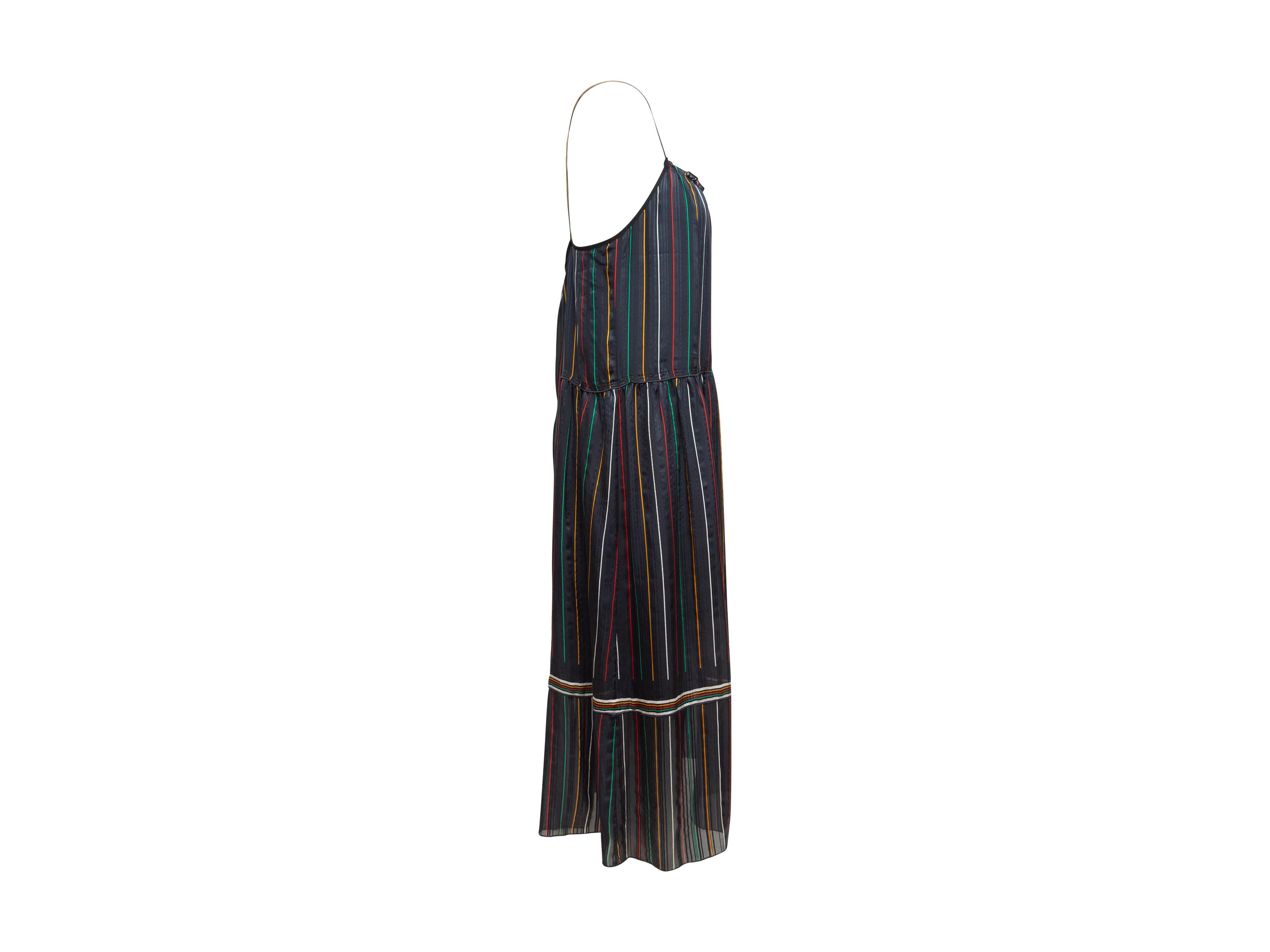 Product details: Navy and multicolor silk striped dress by Rag & Bone. Sleeveless. V-neck. Button closures at bust. 36
