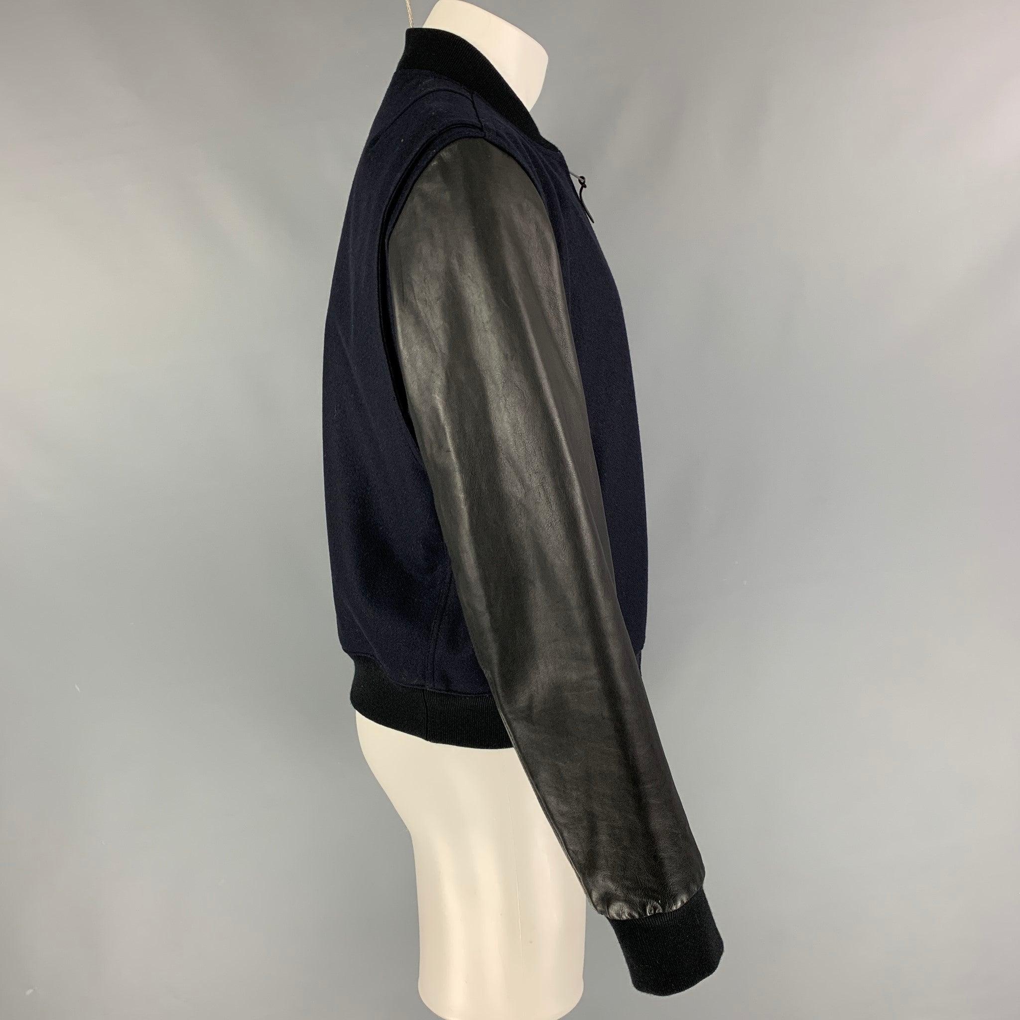 RAG & BONE Size 42 Navy Black Wool  Nylon Bomber Jacket In Good Condition For Sale In San Francisco, CA