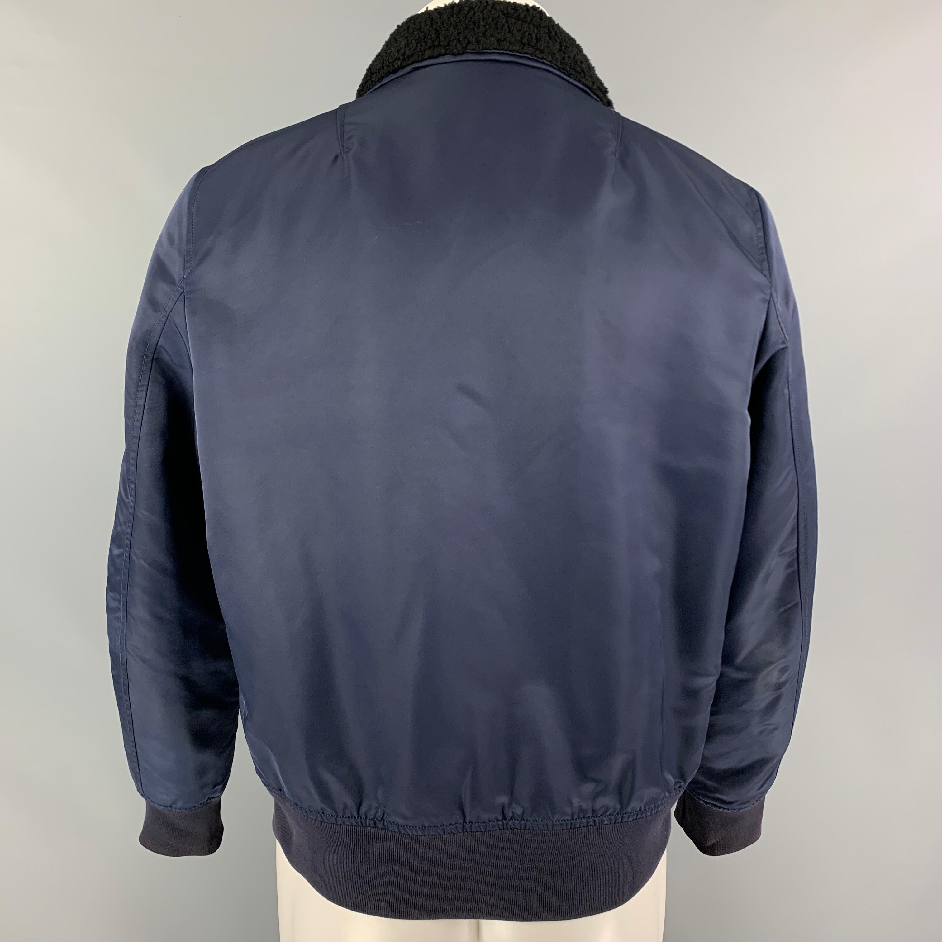 RAG & BONE Size M Navy Nylon Shearling Collar Bomber Jacket In Good Condition In San Francisco, CA