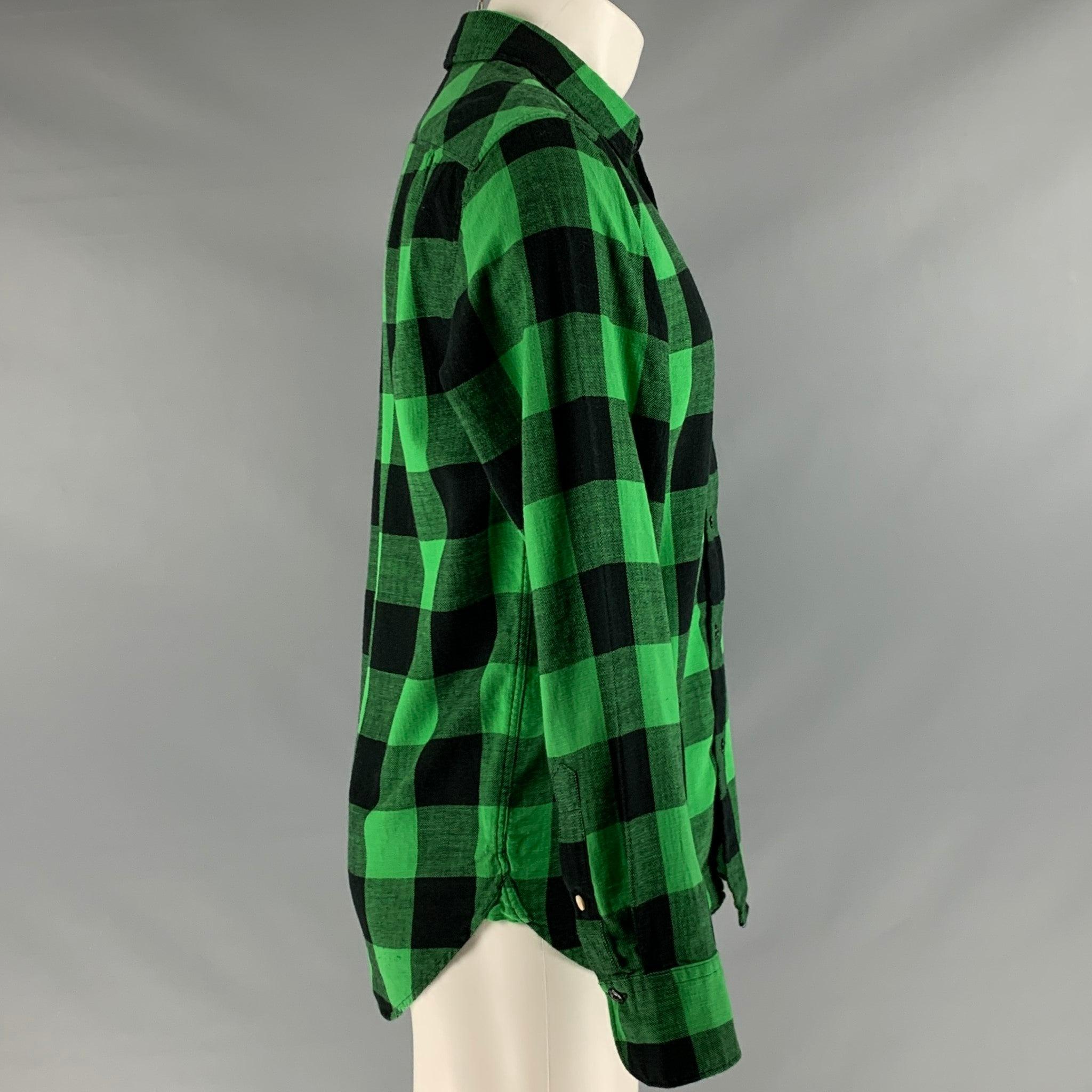 RAG & BONE long sleeve shirt
in a green and black cotton flannel featuring a checkered pattern, one pocket, and a button closure.Excellent Pre-Owned Condition. 

Marked:   S 

Measurements: 
 
Shoulder: 16 inches Chest: 41 inches Sleeve: 24.5.