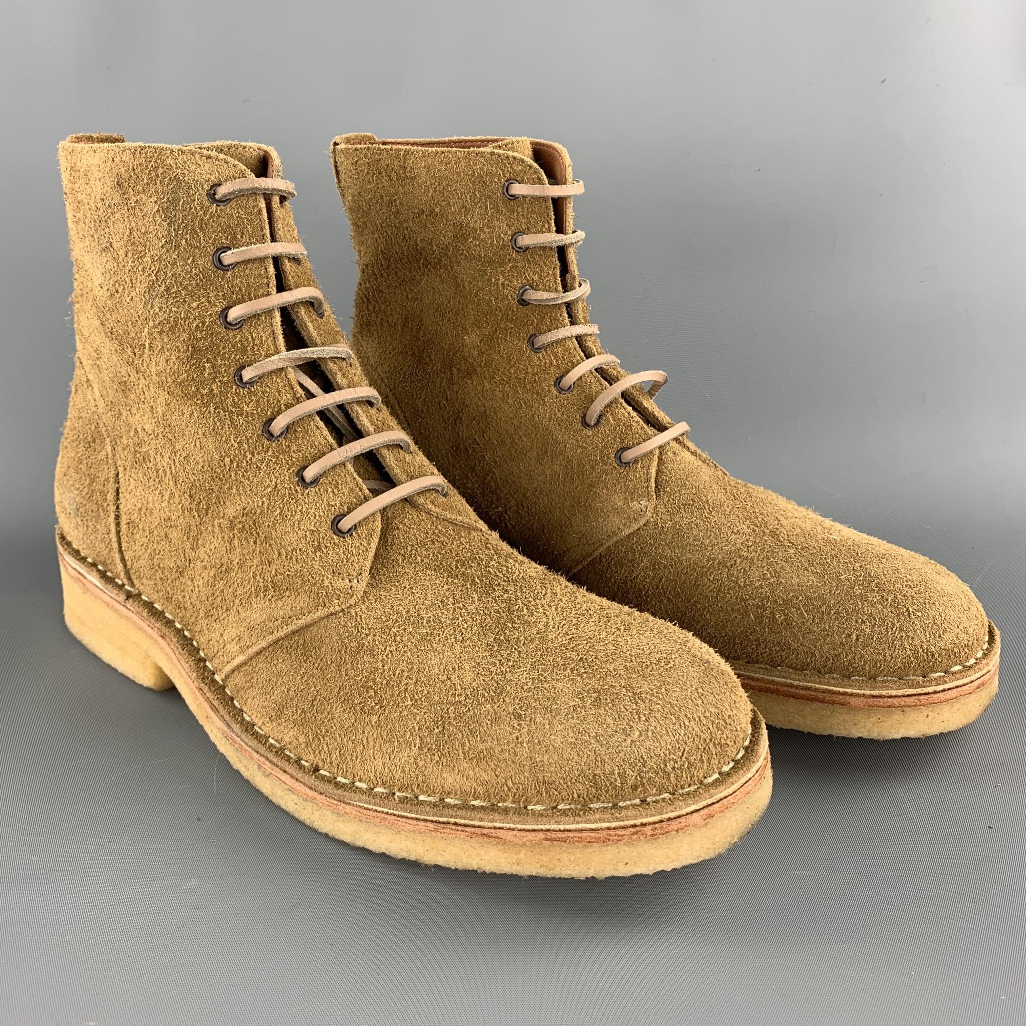 Men's RAG & BONE ankle boots comes in a tan textured suede featuring a military lace up style and a crepe sole. Comes with box. Minor wear. Made in Portugal.

Very Good Pre-Owned Condition.
Marked: EU 43

Measurements:

Length: 12 in. 
Width: 4 in.