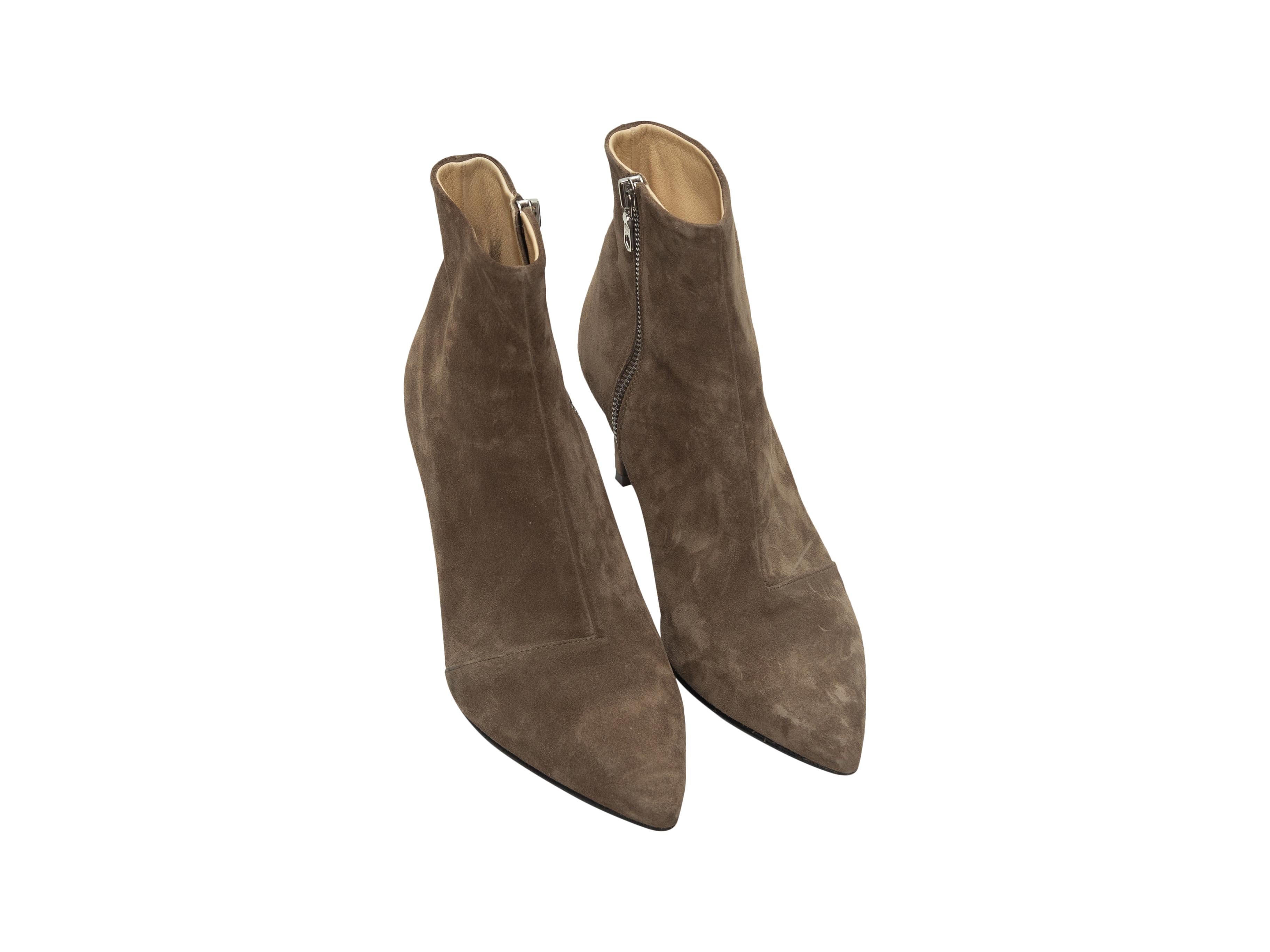 Product details: Tobacco suede pointed-toe booties by Rag & Bone. Zip closures at inner sides. Designer size 38.5. 3