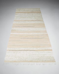 Vintage Scandinavian Runner Soft Beige and White Handwoven Rya Rug with Fringes