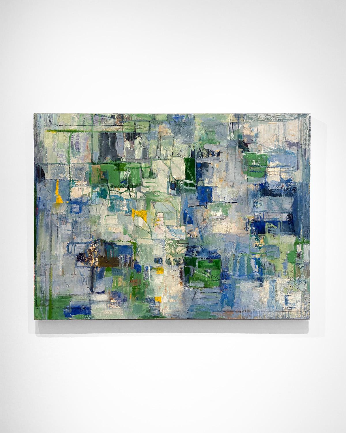 Before The Wire (Pintura al óleo expresionista abstracta en verde, azul y blanco) - Painting Expresionismo abstracto de Ragellah Rourke