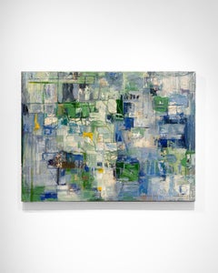 Before The Wire (Pintura al óleo expresionista abstracta en verde, azul y blanco)