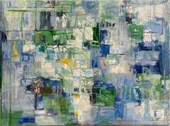 Prima del filo (Pittura a olio espressionista astratta verde, blu e bianca)