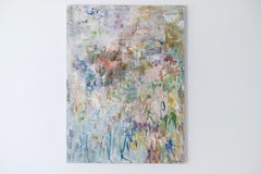 Día de los cisnes (óleo abstracto gestual vertical sobre lienzo en verde y rojo)