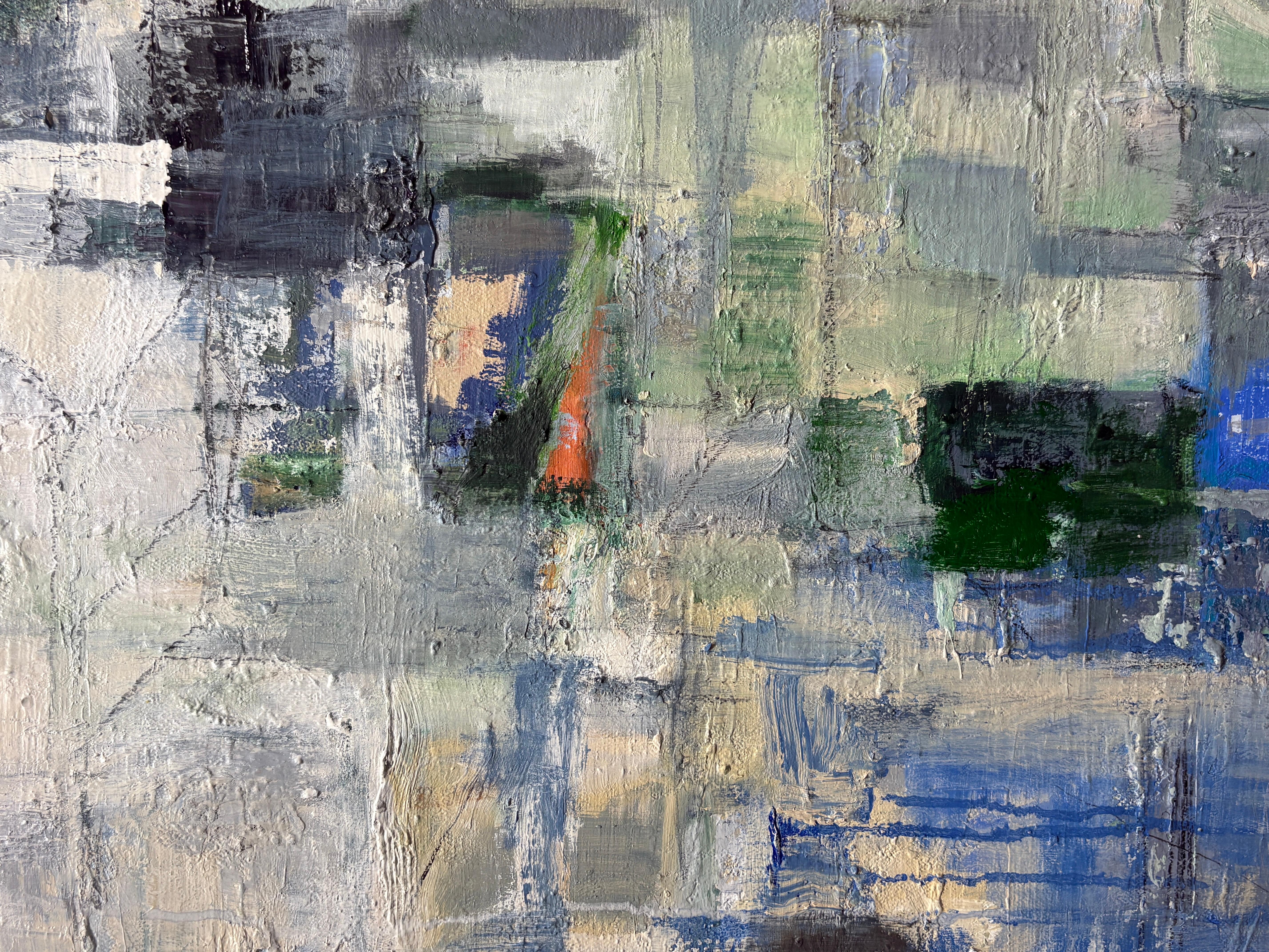 Elementare Drift (graues, blaues und weißes abstraktes expressionistisches Ölgemälde) (Grau), Abstract Painting, von Ragellah Rourke