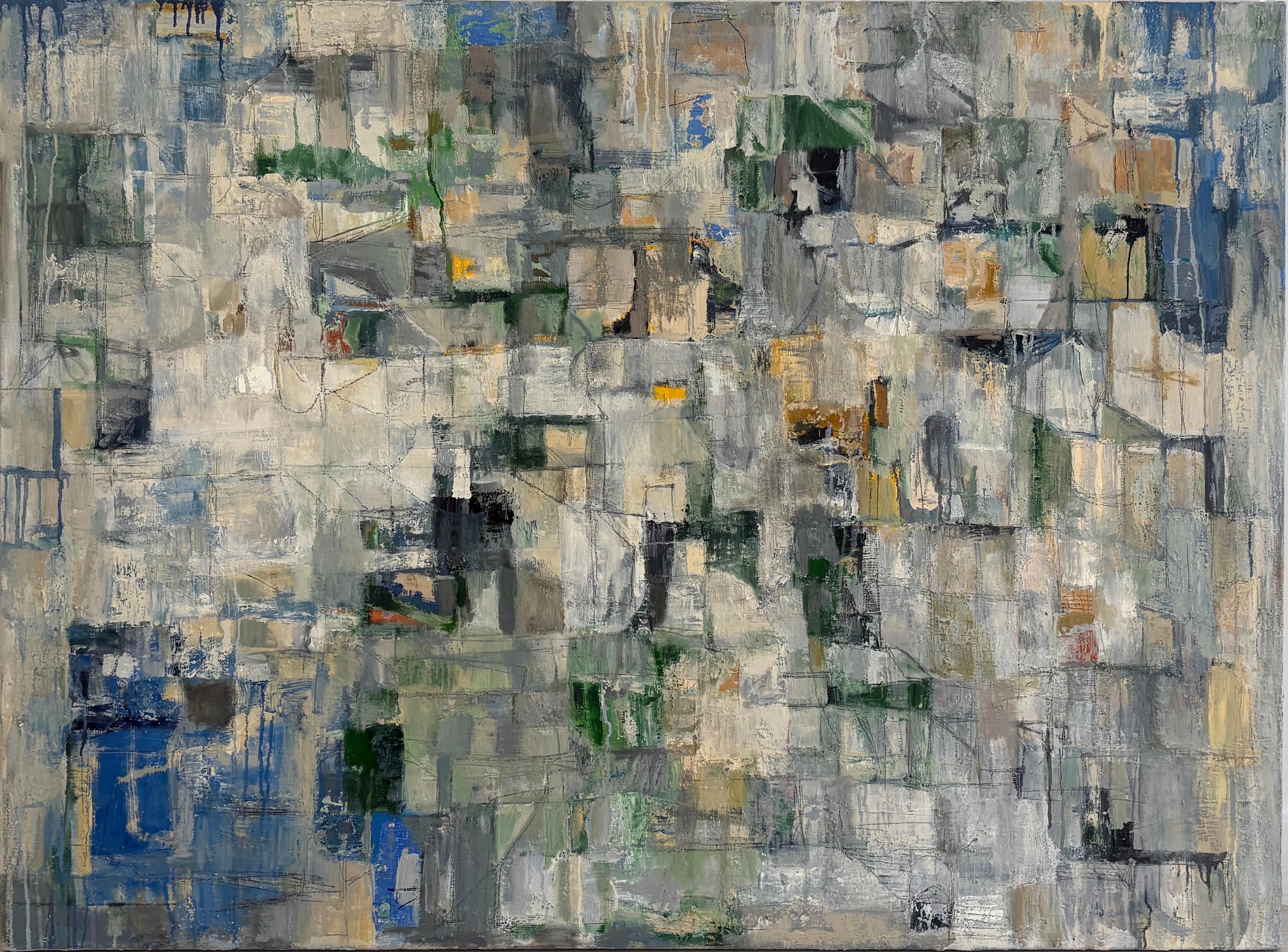 Ragellah Rourke Abstract Painting – Elementare Drift (graues, blaues und weißes abstraktes expressionistisches Ölgemälde)