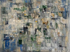 Deriva elementare (Pittura a olio espressionista astratta grigia, blu e bianca)