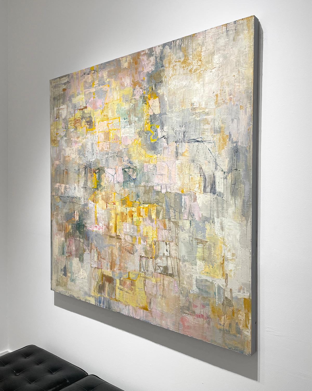 Golden Hour (Quadro astratto espressionista dai colori vivaci in rosa chiaro, grigio e giallo) di Ragellah Rourke
realizzato nel 2024
olio su pannello
60 x 60 pollici, senza cornice
I lati sono verniciati di grigio chiaro, quindi l'incorniciatura è