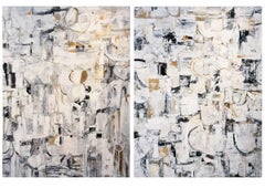 Night Music Diptych (Modern Abstract Acrylic Painting in White, Black and Gold)