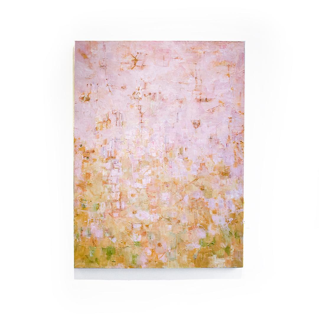 Le retour du printemps (peinture acrylique abstraite moderne en rose, jaune et or) - Painting de Ragellah Rourke