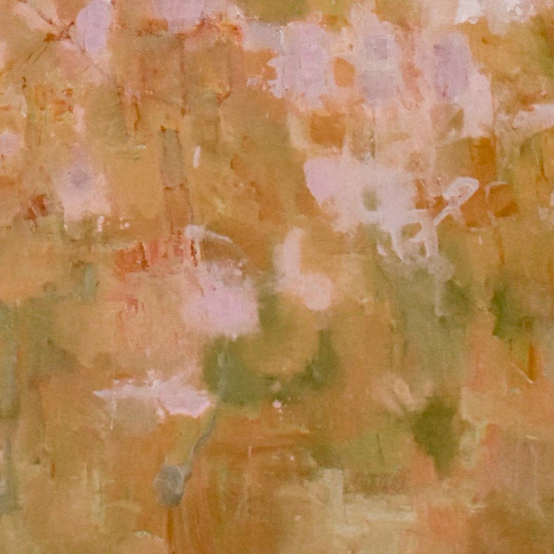 Peinture acrylique abstraite sur toile avec une palette de rose pastel, jaune et or 
