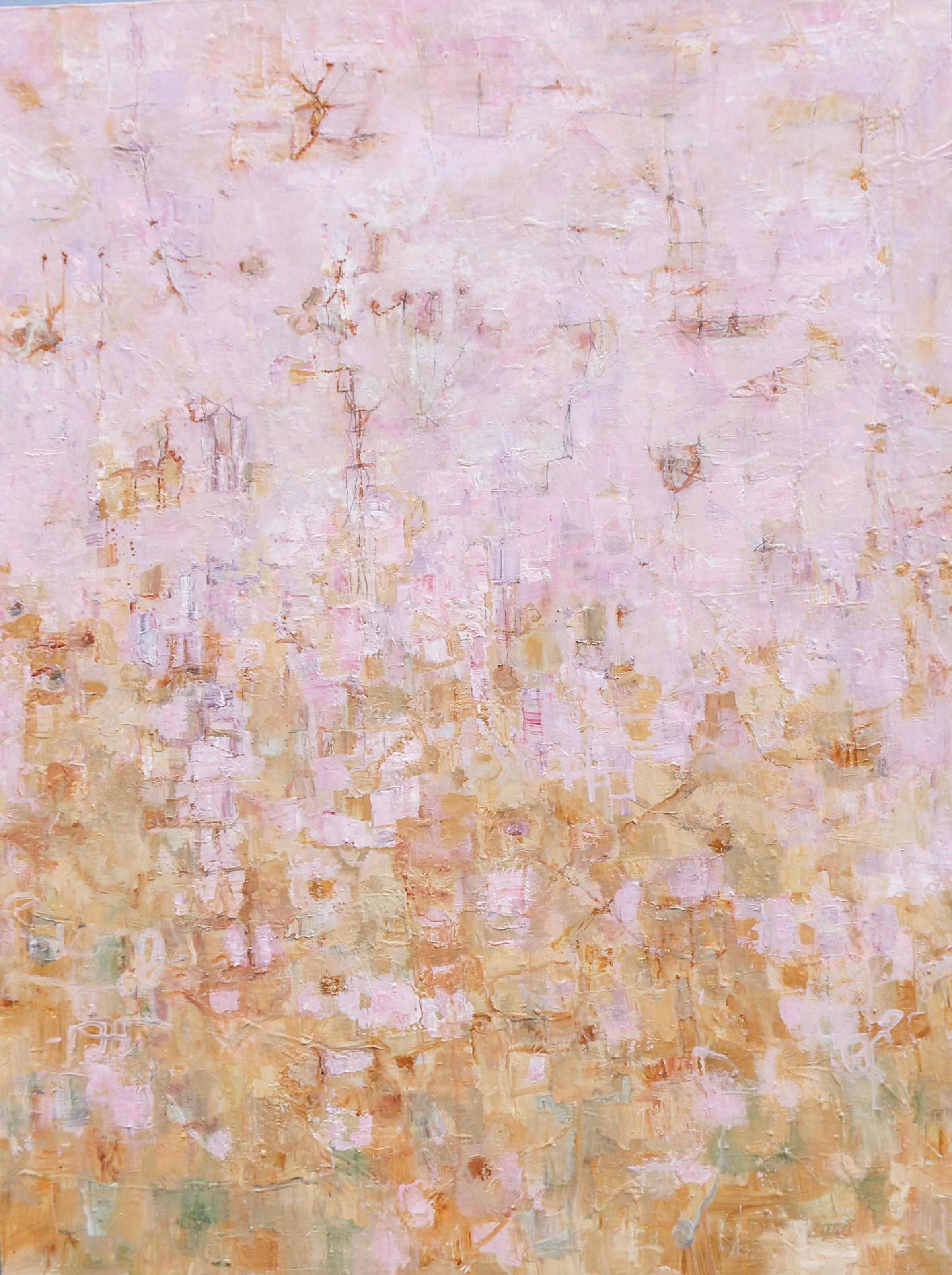 Abstract Painting Ragellah Rourke - Le retour du printemps (peinture acrylique abstraite moderne en rose, jaune et or)