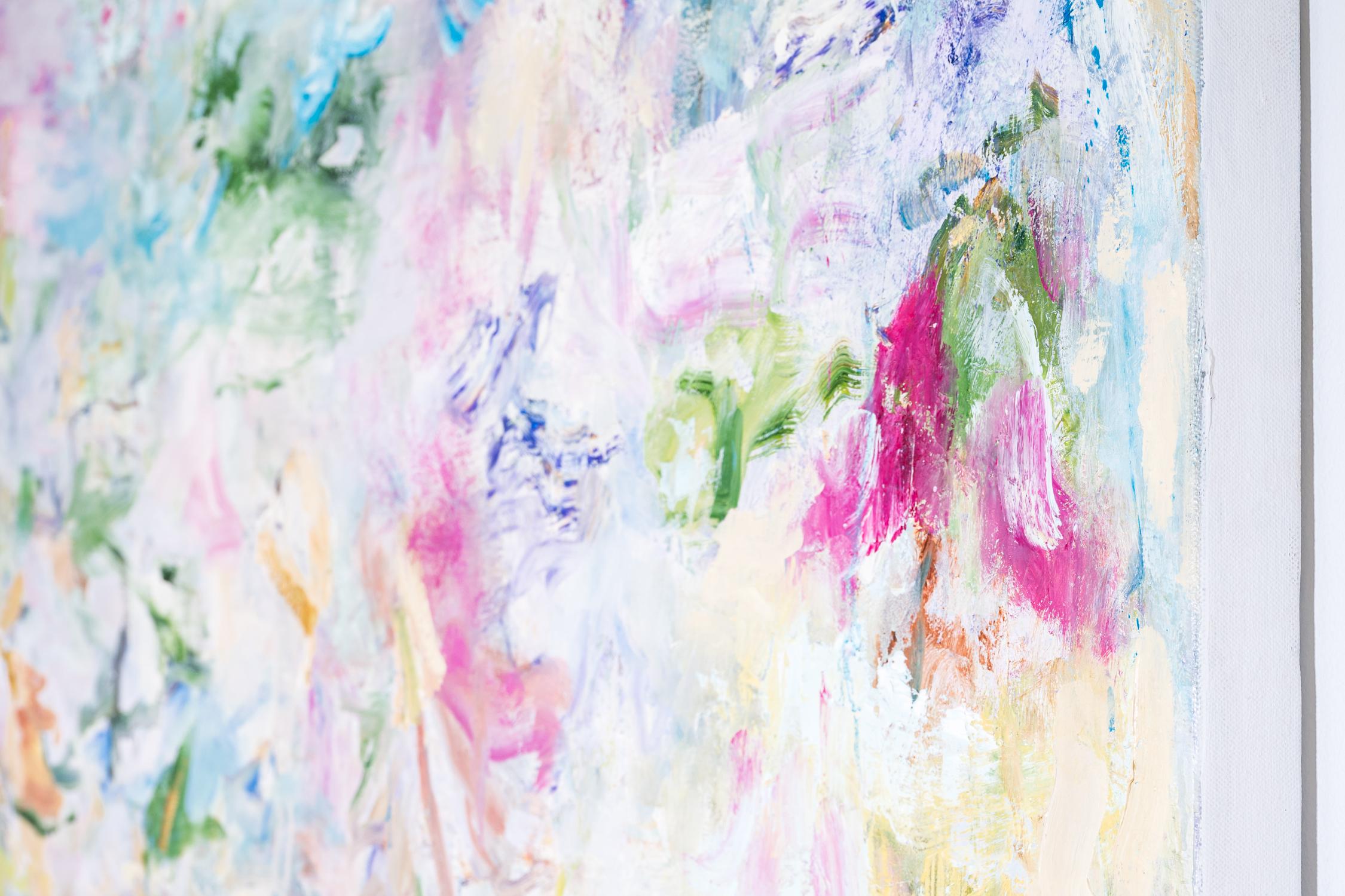 Peinture acrylique abstraite sur toile avec une palette pastel de rose, de bleu et de vert 
