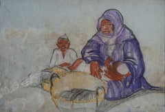 Vintage "Nurturing" Pastel on Paper Painting 13" x 19" inch by Ragheb Ayad