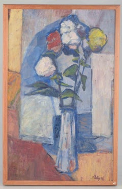 Ragnar Alyre, Swedish artis. Oil on panel. “Roses in Vase”. Modernist still life