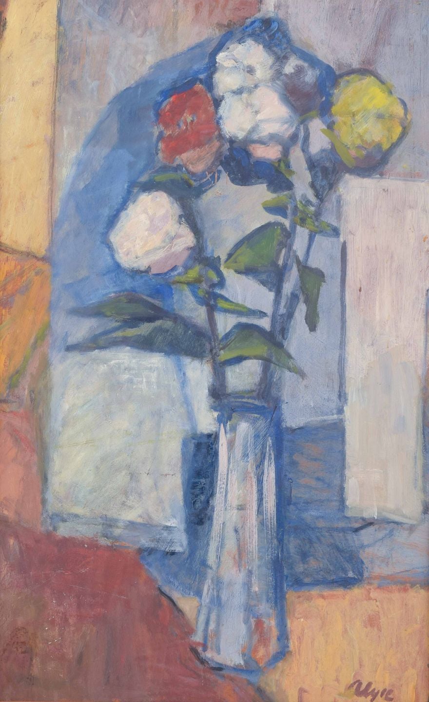 Ragnar Alyre, Swedish artis. Oil on panel. “Roses in Vase”. Modernist still life For Sale