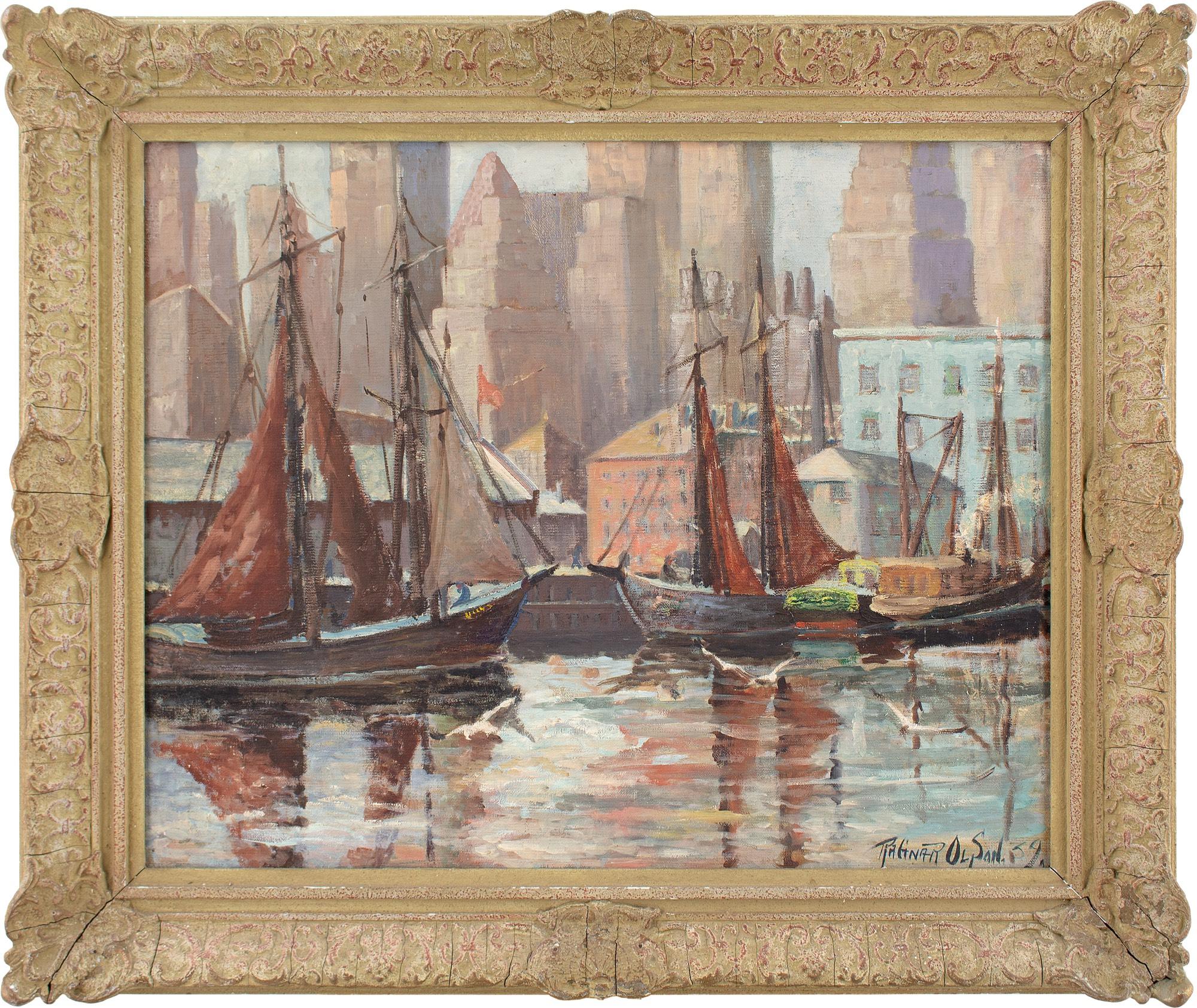 
This early 20th-century oil painting by Swedish-American artist Ragnar Olson (1884-1949) depicts several fishing boats moored at the iconic Fulton Fish Market, New York. The imposing city skyline stands beyond.

Founded in 1807, this busy market