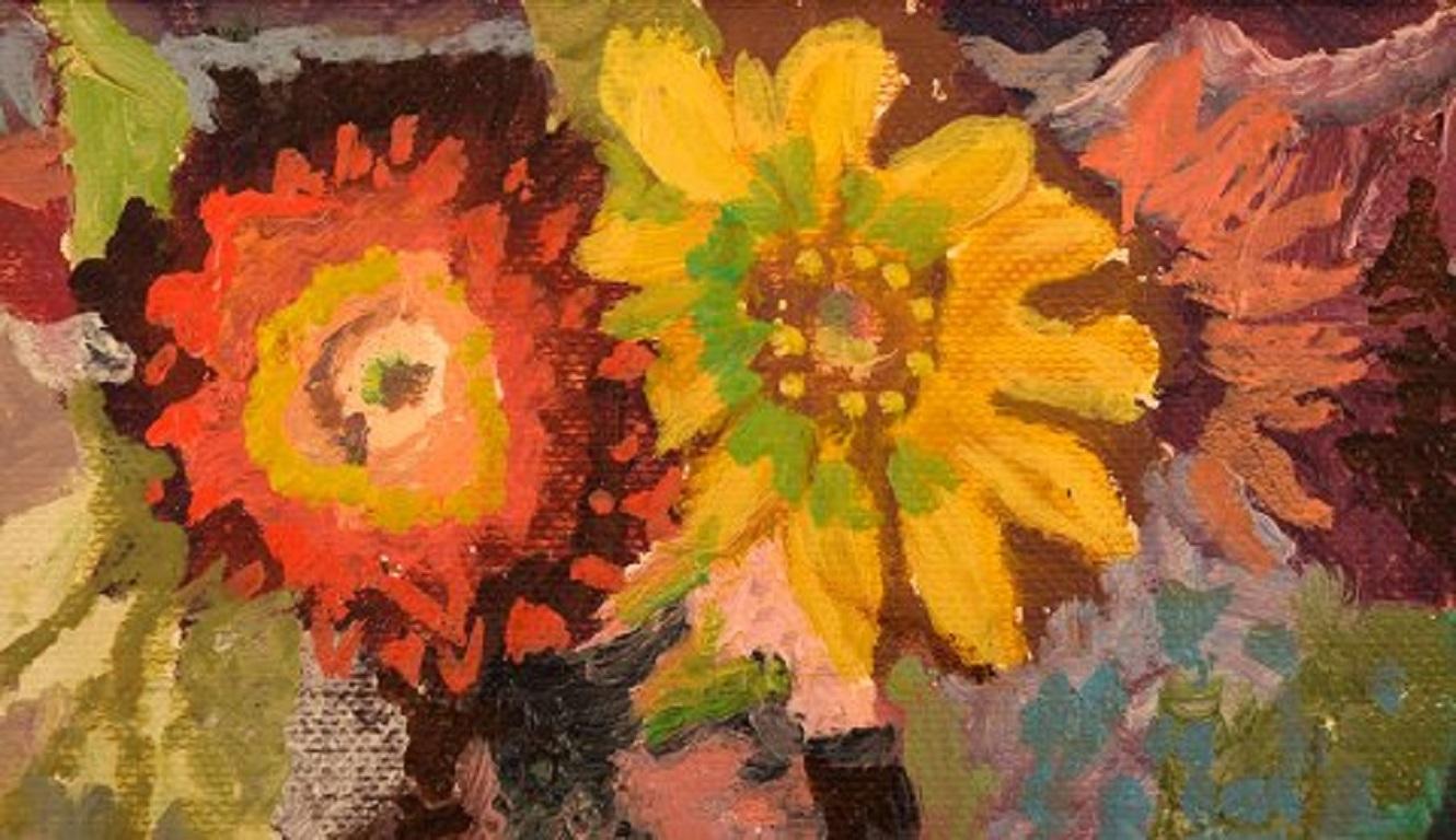 Scandinavian Modern Ragnar Ring, Swedish Painter, Oil on Board, Arrangement with Flowers, Dated 1970 For Sale