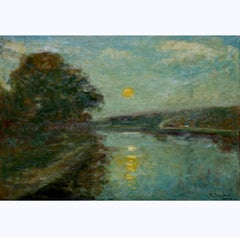 Impressionist Summer River Landscape at Dusk, Signed Oil on Canvas